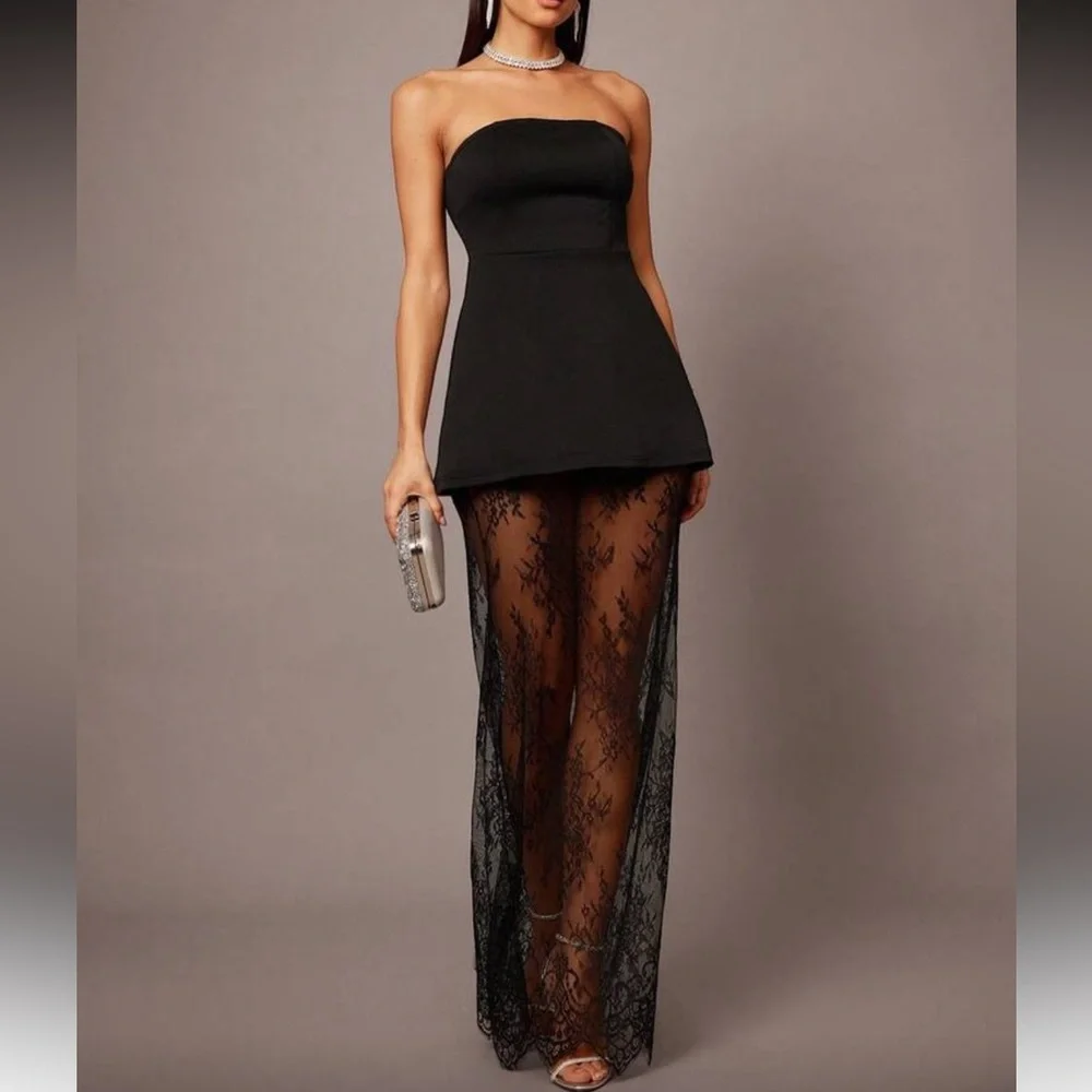 Black strapless tube top & maxi lace sheer skirt set dress - Picture 2 of 6